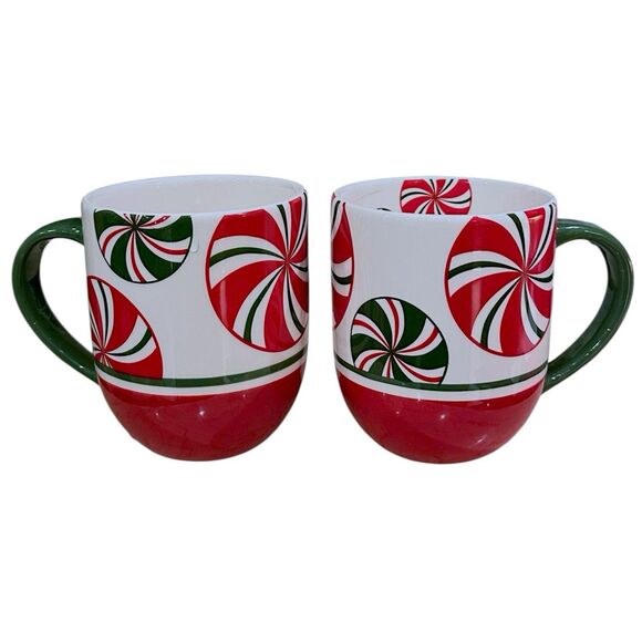 Set of 2 Vintage Pier 1 Hand Painted Red White Green 'CANDY CANE' Coffee Tea Mug - Picture 5 of 16